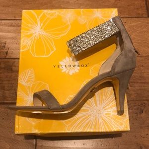 Yellow Box Neutral Taupe Suede Heels with Crystal Trim Detail!  Yellow bottoms